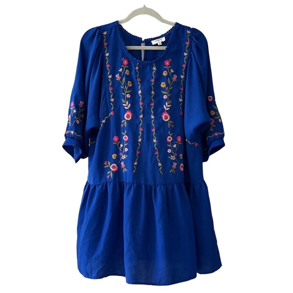 Umgee Blue Floral Dress Embroidered Boho Puff Sleeve Baby Doll Size Medium